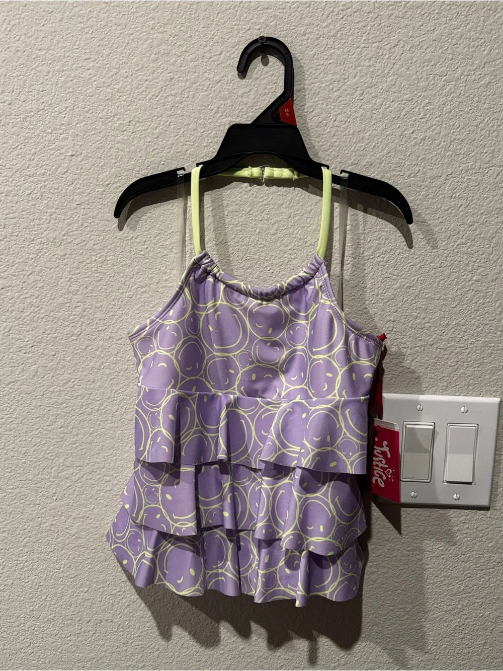 Justice Lavender Ruffle One-Piece Swimsuit with Neon Yellow Straps